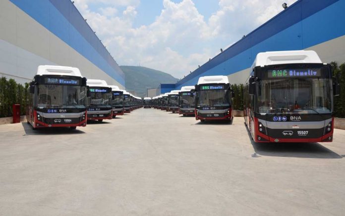 Buses-heading-to-Baku-from-the-BMC-facility,-Izmir-Turkey